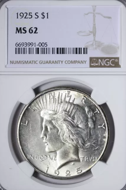 BU 1925-S Peace Silver Dollar NGC MS62 Nice Luster TCLM