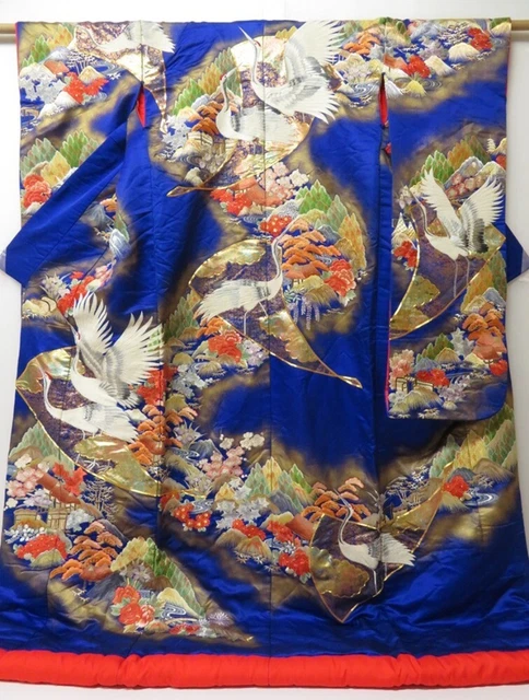 2304T01z4250  Japanese Kimono Silk UCHIKAKE Crane Oriental blue