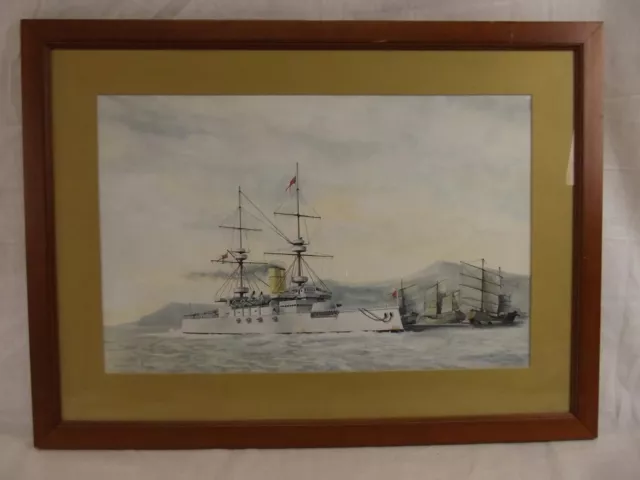 Great Watercolour Of Royal Navy HMS Majestic Battleship On The China Station