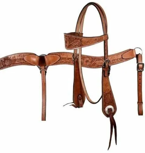 Western Leather Hand Carved Bridle Headstall And Breast Collar Horse Tack Set