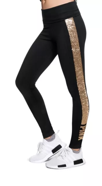 NWT VICTORIA'S SECRET Pink Gold Bling Sequin Logo Black Cotton Foldover  Leggings $48.99 - PicClick