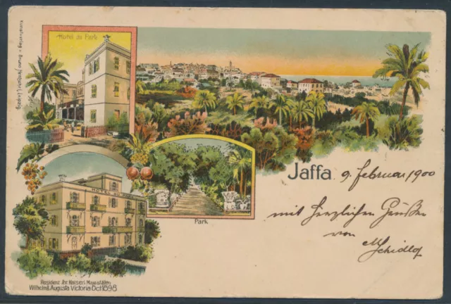 DP Türkei Krone EF Litho-AK Jaffa 1900 nach Ungarn Attest (S21895)