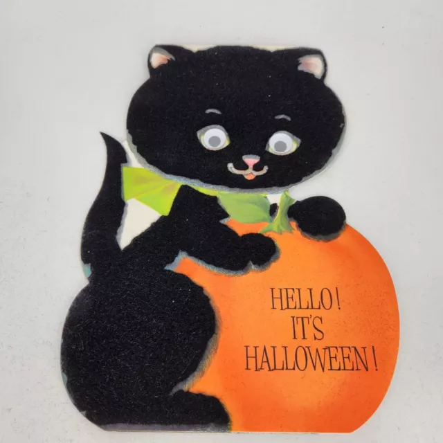 HALLMARK Vintage Lg Flocked Black Cat & Pumpkin Halloween Greeting Card EPHEMERA