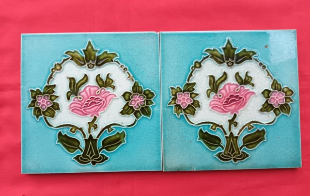 2 Piece Old Art Flower Design Embossed Majolica Ceramic Tiles Japan 0250