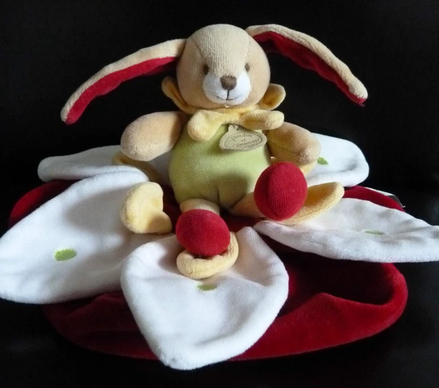 98. DOUDOU et COMPAGNIE PLAT PETALE LAPIN VERT JAUNE ROUGE FLEUR BLANC  - TTBE