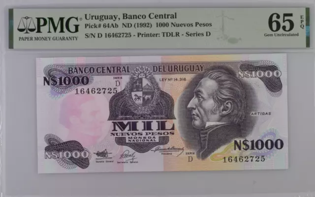 Uruguay 1000 Nuevos Pesos ND 1992 P 64Ab Gem UNC PMG 65 EPQ