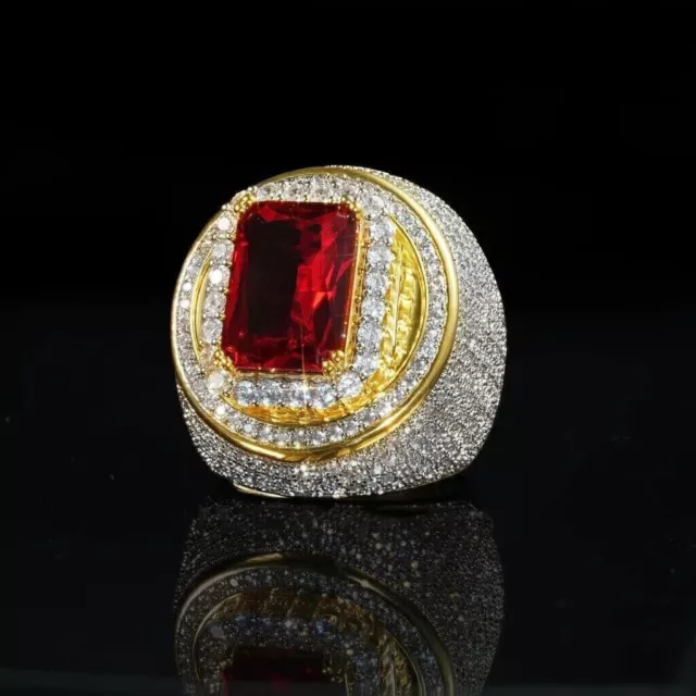 Anillo de boda para hombre con diamantes de granate rojo de talla esmeralda...