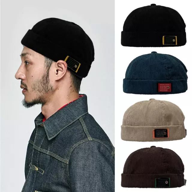 Vintage Mens Beanie Corduroy Docker Brimless Hat Unisex Rolled Harbour Cap Y5