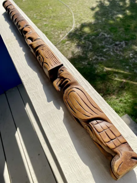 Northwest Coast Old Cedar Vintage Talking Totem Stick…Signed Chuck Jimmie 78