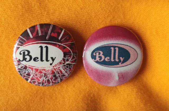 Belly two 25mm button badges, colour logo designs. Free UK postage!