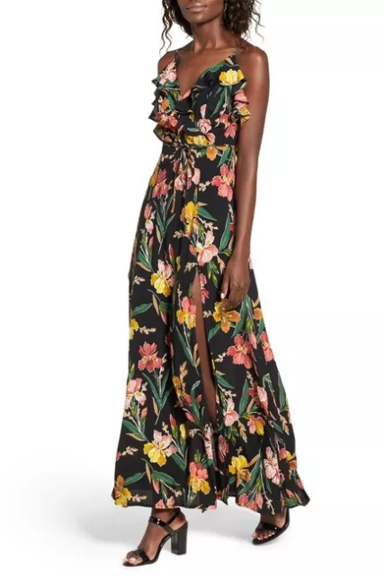 NWT Privacy Please Karen Black Floral Backless Maxi Dress Size M Ruffle Slit