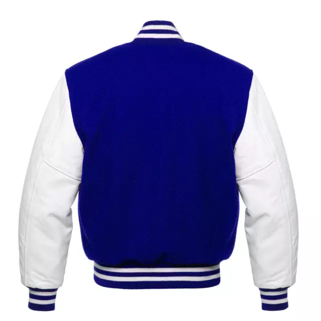 Varsity Letterman Royel Blue Wool Jacket with Real White Leather Sleeves and Rib 2