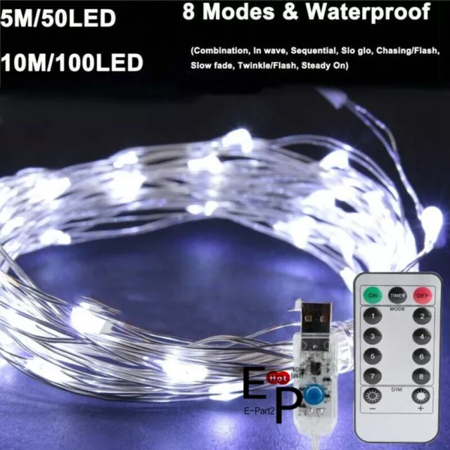 USB Twinkle LED String Fairy Lights Copper Wire Party Remote 5-20M 50/100/200LED 3