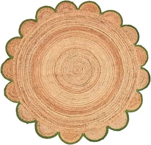 Rug Round Jute Scallop Design Natural Floors Rug Beige With Green Handmade