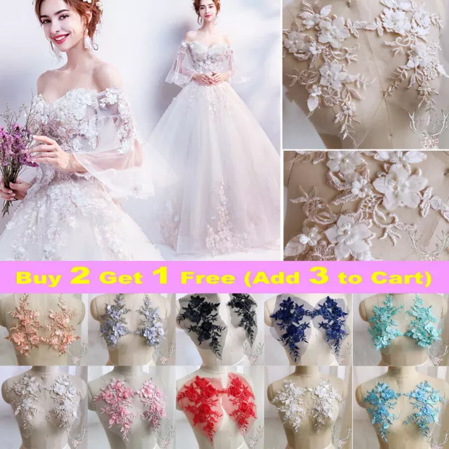 Bridal Applique Tulle Beaded DIY Wedding Dress1 Pair 3D Flowers Lace Embroidery