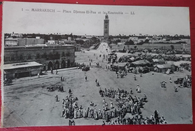 CPA ANCIENNE CARTE POSTAL MAROC debut 1900 MARRAKECH PLACE EDJEMAS FNA KOUTOUBIA