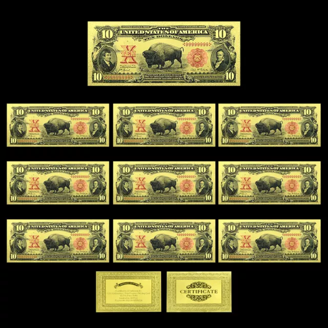 10pcs American Charging Bull Gold Banknotes Ten Dollars Commemorative Crafts