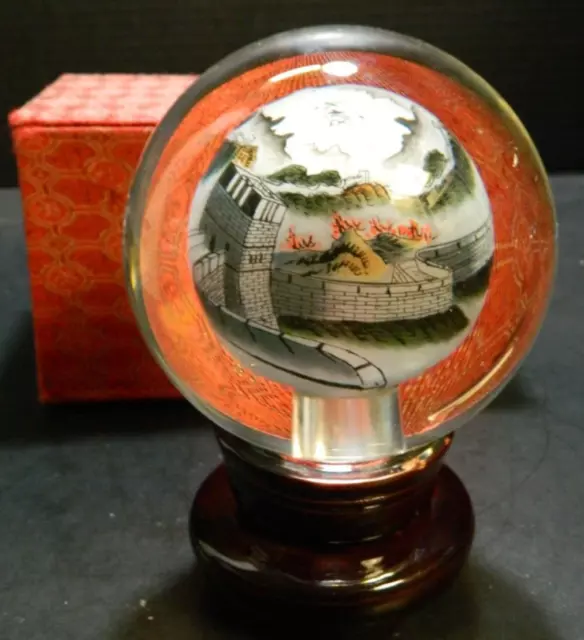 Vintage Reverse Painted Glass Globe of The Great Wall w/ Rotating Stand 6.5" VG