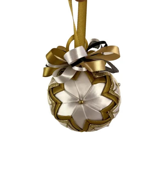 Original Folded Ribbon Star Christmas Ornament | White And Gold Unique Bauble