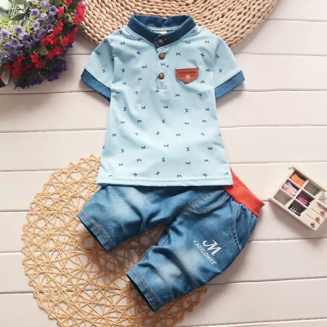 2pcs Toddler Kids Baby Boys Outfits T-shirt+ Denim shorts Casual Clothes Set