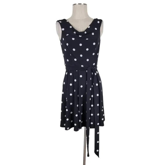 Lauren Ralph Lauren Skater Dress Sz 8 Polka Dot Cowl Neck Belt Black and White