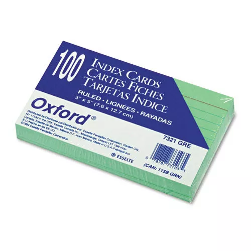 Oxford Ruled Color Index Cards, 3" x 5", Green, 100 Per Pack (7321 GRE)