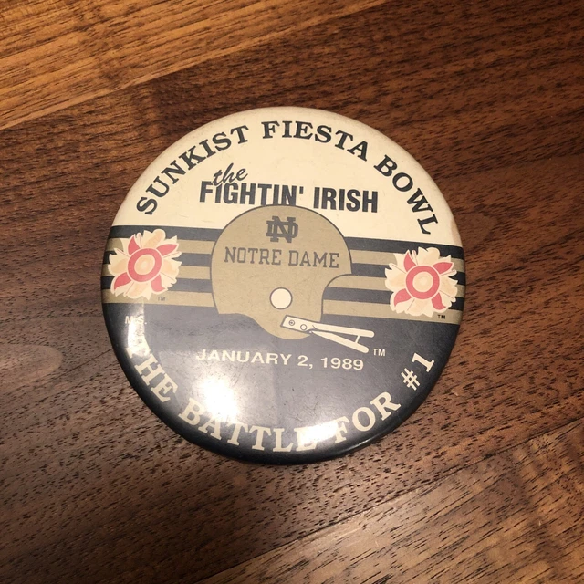 1988-1989 Notre Dame Fiesta Bowl Champs 3.5” Button Pin Ticket holder Lou Holtz