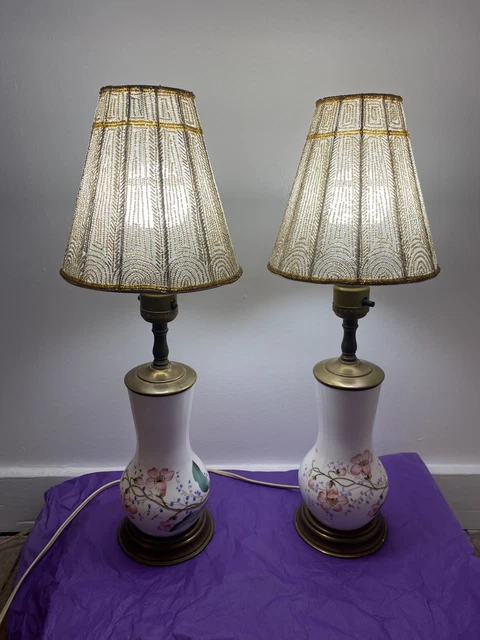 Vintage Boudoir White Milk Glass Hand Painted Pink Flowers Brass Table Lamp (2)