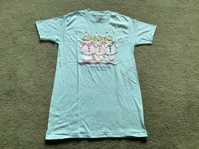 Rare Vintage 1980s Circus Casino Las Vegas Clowns Aqua Tee T-Shirt Size M NOS