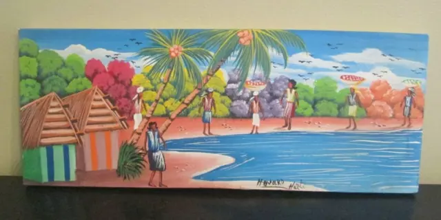 Haiti Haitian Art Painting 20" x 8"  -  by Hovard - Landscape Beach Huts Picture