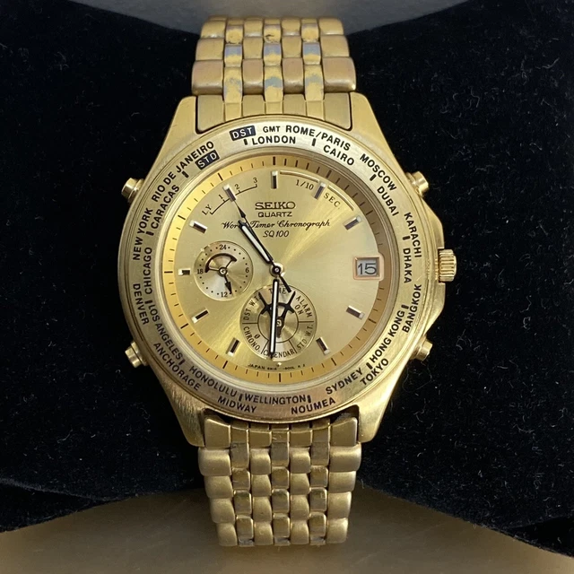 SEIKO WORLD TIMER Chronograph Intelligent Calender Goldtone Mens Watch