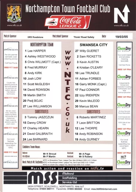 Teamsheet - Northampton Town v Swansea City 2004/5 (19 Mar)