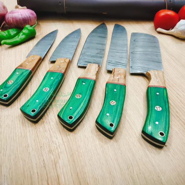 Handmade Chef set of 5 pcs Damascus Steel Chef Set wooden handle with sheath