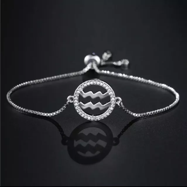 ZARD Aquarius Zodiac CZ Charm Slider Bolo Bracelet in Fine Silver Plate