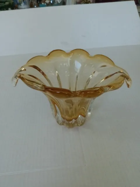 Amber Glass Murano Vase Vintage Hand Blown Sculpture Rare Yellow Glass