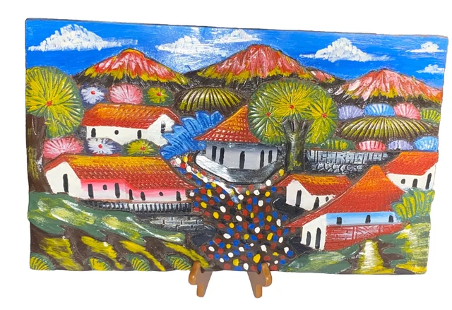 "Placa Colgante De Pared De Madera Tallada Y Pintada Escena De Pueblo Colores Vibrantes 18""X11"""