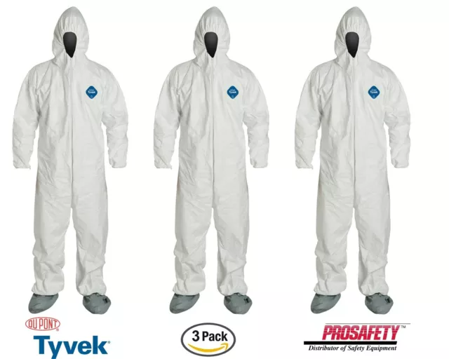 3- Dupont Tyvek Disposable Protective Coverall Clean Paint Spray Suit Hood Boots