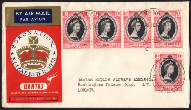 1953 New Hebrides Coronation Day 5 Stamps Addressed QANTAS To London, VGC