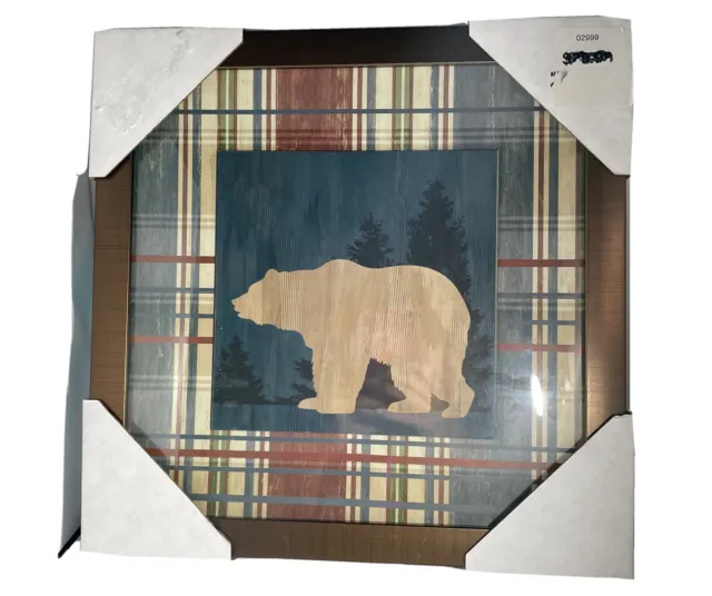 Framed Glass Artwork Plaid Grizzly Brown Bear 13.5” X 13.5” Wall Decor NEW