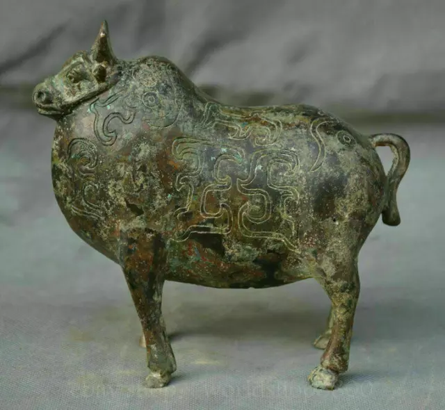 6.4" Old Chinese Xizhou Dynasty Bronze Ware Palace Bull Oxen Zun Sculpture