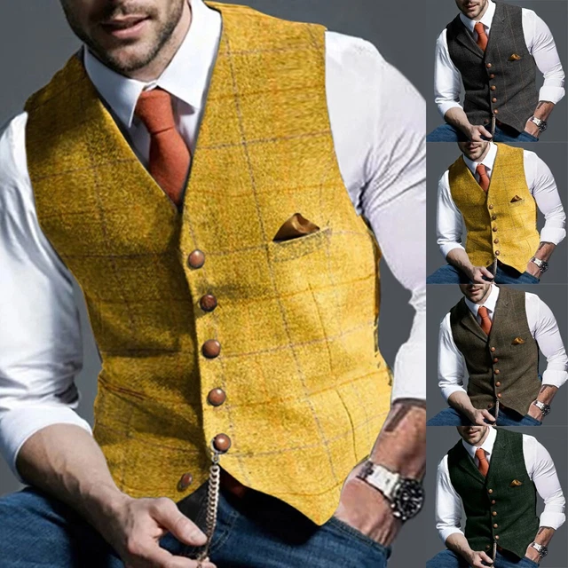 Uomo Inverno a Quadri Gilet Vintage Bottoni V Collo Mix di Lana Casual Completo
