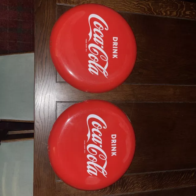 VINTAGE 1950s 16” COCA - COLA, ENAMEL on STEEL CONVEX BUTTON ADVERTISING SIGN.