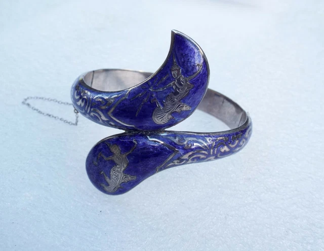 Vtg Sterling Siam Blue Niello Hindu Goddess Bypass Hinged Bangle Bracelet Rare Vtg Sterling Siam Blue Niello Hindu Goddess Bypass Hinged Bangle Bracelet Rare
