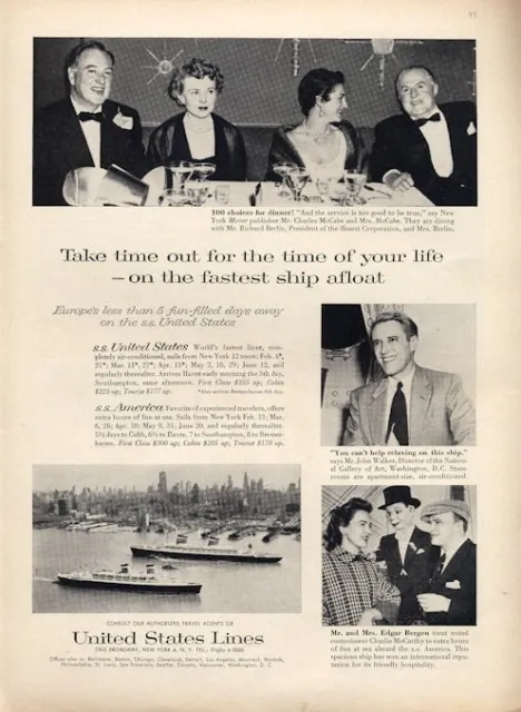 1958 United States Lines PRINT AD Cruise Ship Europe SS America SS United States