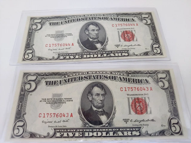 Consecutive Serial Number 1953B $5 Dollar Bill Red Seal US Currency UNC Note Lot
