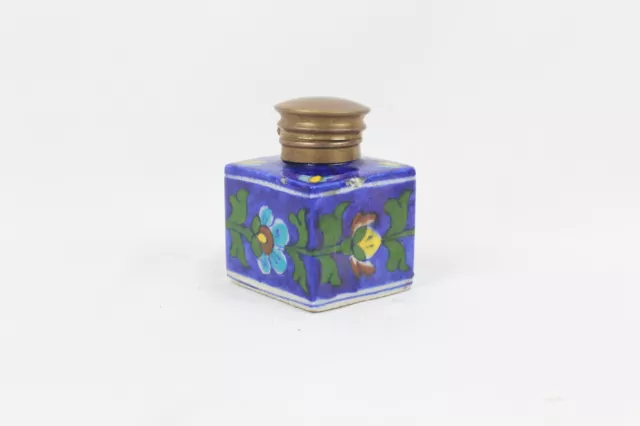 Ceramic Ink Pot Vintage Indian Blue Pottery Floral Art Old Brass Cap Ink Well