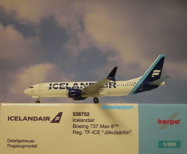 Herpa Modellflugzeug Icelandair Boeing 737 Max 8 - Maßstab 1:500 | Sammlerstück Mit Green Tail Stripe