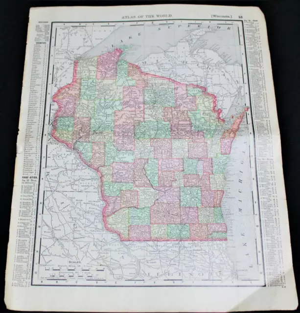 Rand Mcnally Atlas Map Page Wisconsin & Minnesota 1895 Vintage