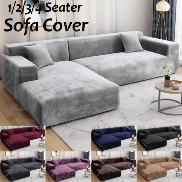 VELVET Elastic STRETCH SOFA COVERS Settee Slipcover Protector 1/2/3/4Seater UK