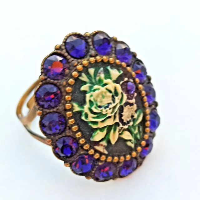Michal Negrin Ring Purple Cameo Roses Large With Swarovski Crystals Gift Box 6